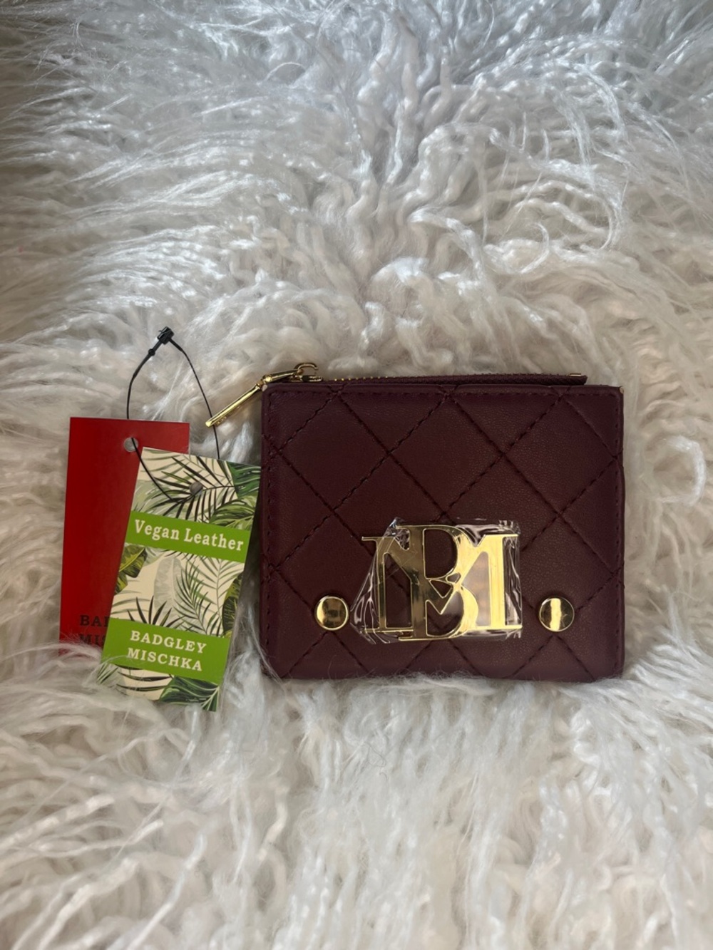 NWT Badgley Mischka Quilted Vegan Leather Short Card Wallet in Plum